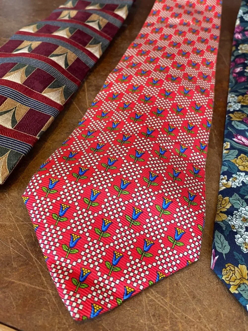 LOT of THREE Ties Lands End Silk Flowers Tulips Paisley Vintage Tie Made in USA